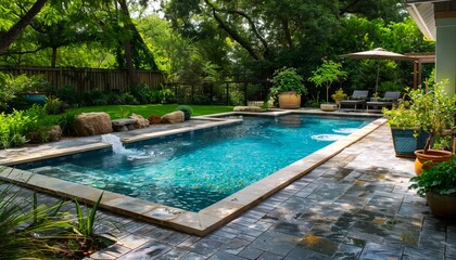 A small backyard with a swimming pool surrounded by plants and trees