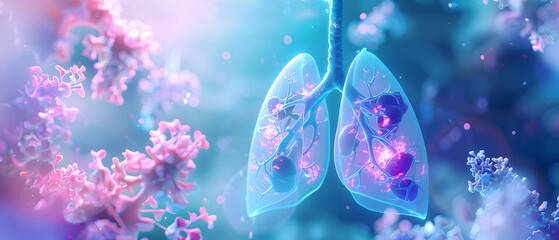 Fototapeta premium Respiratory Syncytial Virus (RSV) in a Respiratory Tract Setting, hues of blues and purples to represent the airway and the virus's impact on respiratory health design