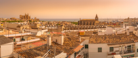 View of Catedral-BasA�lica de Santa MarA�a de Mallorca and rooftops, Palma de Mallorca, Majorca, Balearic Islands, Spain, Mediterranean, Europe
