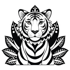 Obraz premium Black and White Stylized Tiger with Floral Detail