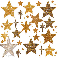 Sparkling gold stars in various sizes and shapes on a white background, evoking a festive and celebratory mood. Great for holiday and event designs.