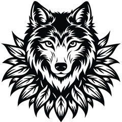 Black and White Illustration of Wolf Head with Feathers