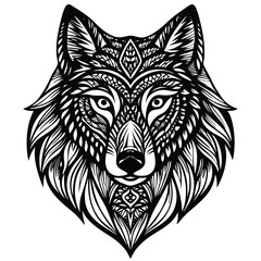 Fototapeta premium Intricate Black and White Wolf Head Illustration with Detailed Mandala-Like Patterns