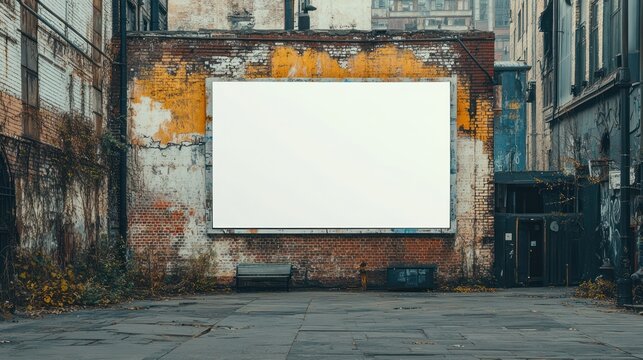White blank billboard on the wall of an old building on the side of the road mockup material background wallpaper AI generated image