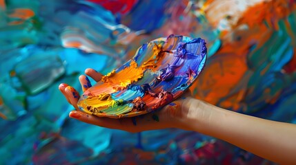 Obraz premium Hand Holding a Paint Palette: A hand holding a paint palette with vibrant colors ready to be used. 