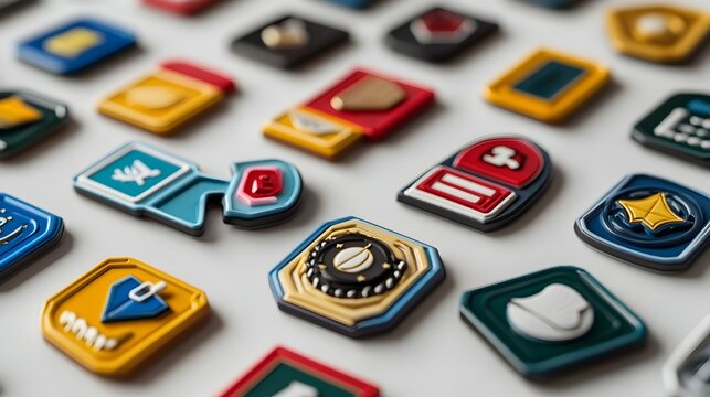 Assortment of Student Council Badges and Pins on White Background