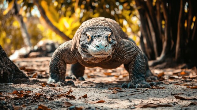 Komodo dragons animal reptile latin name varanus komodoensis on view beautiful komodo Island background wallpaper AI generated image