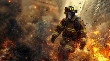 Fototapeta premium professional firefighter in suit in the middle of fire and smoke with copy space