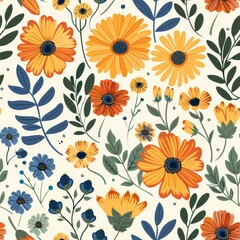 Seamless pattern with flowers and leaves. Floral background.