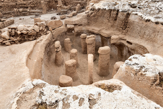 Neolithic archaeological site of Karahan Tepe, circular stone structure with T Shape pillars, Sanliurfa, Turkey, Asia Minor, Asia