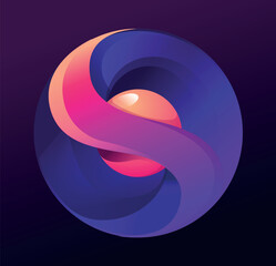 Illustration of a solid sphere with a core inside. Spherical letter S logo