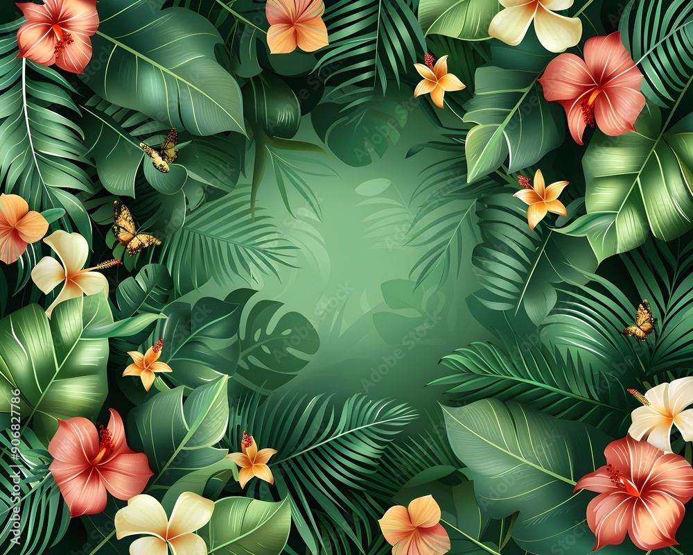 Poster Lush Tropical Rainforest Frame with Vibrant Green Leaves and Flowers on Verdant Background