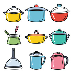 Six colorful kitchenware illustrations depict various pots plunger. Top row displays yellow pot lid, blue pot, red casserole lid. Bottom row presents green saucepan spoon, yellow Dutch oven handle