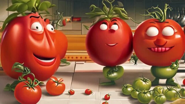 Tomatoes in a conga line, laughing and wiggling their way through a kitchen party
