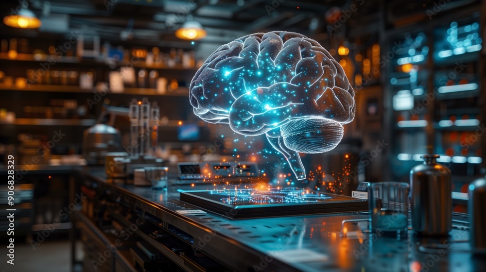 Poster a high-tech laboratory showcases a floating brain model surrounded by glowing data visualizations an