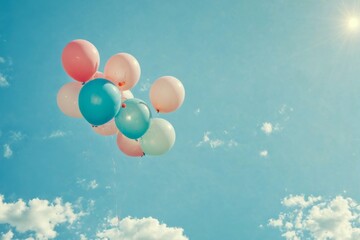 Bunch colorful balloons floating sky are different sizes Retro I