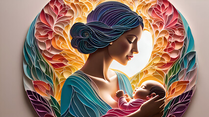mother and infant baby colourful paper cut art illustration , breastfeeding mother , world breastfeeding week 