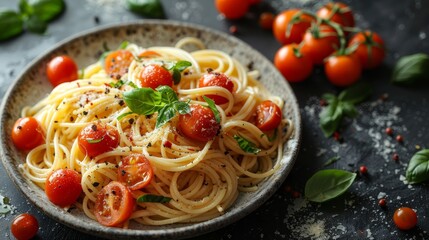 Authentic Italian Spaghetti with Fresh Cherry Tomatoes, Basil, and Parmesan Cheese, Food Photography