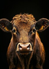 A brown cow with a yellow tag on its ear