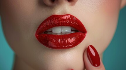 Obraz premium Close-Up Of Woman With Red Lips, Perfect Skin, Teeth And Nail Polish On Turquoise Background, advertising cosmetics, lipstick and nail polish