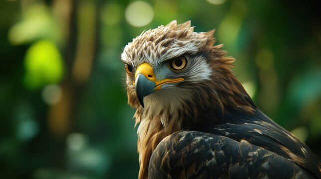 Javanese eagle or Latin name Nisaetus bartelsi is an Indonesian endemic bird in the wild nature of Java background wallpaper AI generated image