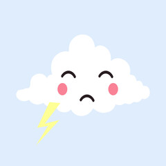 Cute cloud character with lightning. Sad cloud face. Flat style vector illustration.