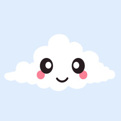White kawaii little cloud with smiling face on blue background. Vector flat illustration.