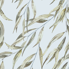 Willow seamless watercolor pattern hand drawn with dusty green leaves and branches. 