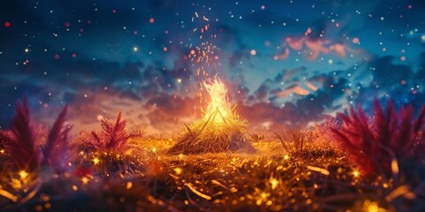 Fototapeta premium Easter Celebration: A Close-up of a Bonfire's Warm Glow, Straw Decorations, and People Dancing in a Starry Night Sky Illuminated by Festive Lights