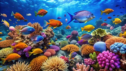 Naklejka premium Vibrant coral reef with schools of colorful fish swimming among the coral, coral reef, colorful, bright