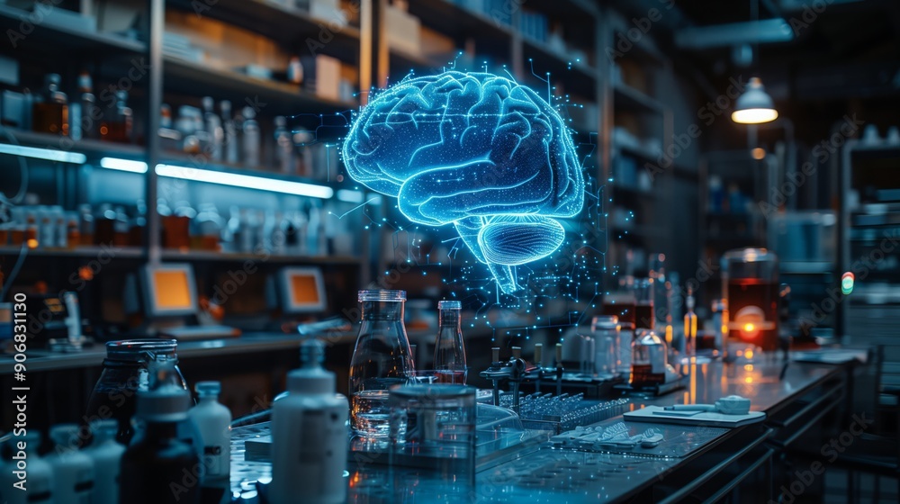 Poster a futuristic laboratory is conducting advanced research on neural networks using holographic technol