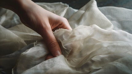 Hand Holding a Piece of Fabric: A hand feeling a piece of fabric, examining its texture.
