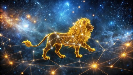 Golden Leo constellation in the starry night sky, detailed zodiac sign illustration with cosmic background, representing astrological and celestial themes