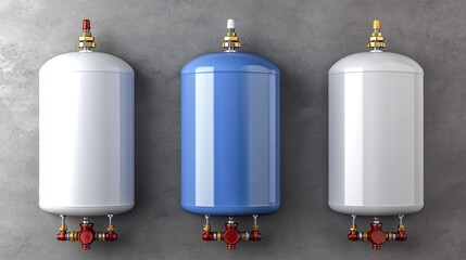 Various Water Storage Tanks Mounted on a Gray Wall for Utility Purposes