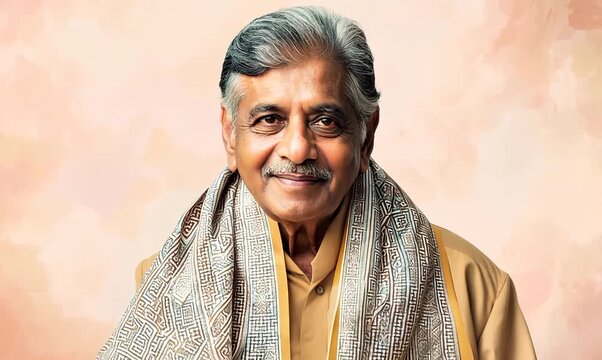 Lifestyle portrait of an Indian man in his 50s against a pastel or soft colors background wearing a foulard