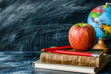 An apple and books on a desk with a globe