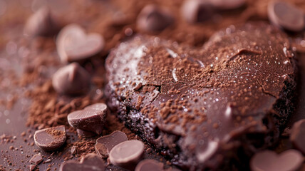 Heart-shaped chocolate dessert with cocoa powder and chocolate hearts