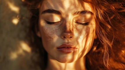 A beautiful woman with closed eyes is illuminated by sunlight, creating soft shadows on her face, highlighting her features.
