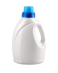 White detergent bottle with blue cap, suitable for laundry and cleaning tasks. Perfect for household use. Isolated on transparent background, png.