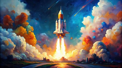 Vivid painting of a rocket launch with bold brush strokes , space, rocket, launch, vivid, painting, art, artistic