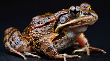 Obraz premium European common brown frog portrait in natural habitat during daylight
