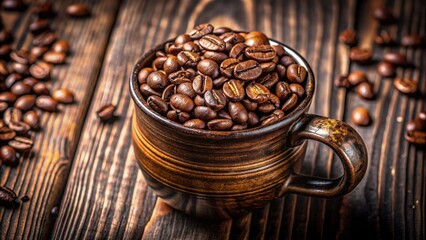 Fototapeta premium A close-up shot of coffee beans in a rustic cup, coffee, beans, cup, beverage, drink, morning, aroma, caffeine, roasted, delicious