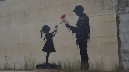 A large mural depicts a girl offering flowers to a soldier, symbolizing peace and innocence in an urban setting.
