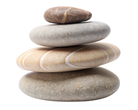 Natural stacked smooth stones in a balanced arrangement, ideal for meditation and decorative purposes. Isolated on transparent background, png.