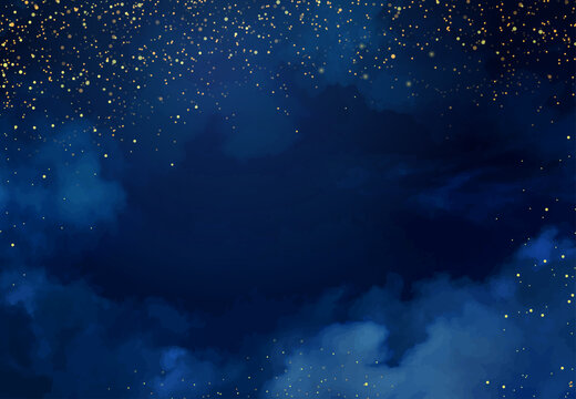 Magic night dark blue frame with sparkling glitter bokeh and light art. Square vector wedding card. Gold confetti and navy background. Golden scattered celestial dust. Fairytale magic star template