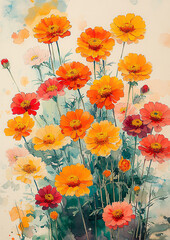 Fototapeta premium Artistic Chinese brush marigolds, vibrant colors, perfect for social media or wall art
