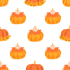 Pumpkins with candles seamless pattern. Colorful pumpkins on a white background.
