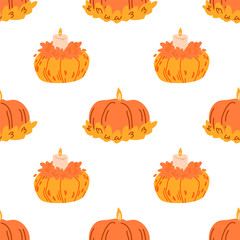 Pumpkins with candles seamless pattern. Colorful pumpkins on a white background.