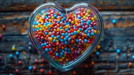 Heart-shaped glass bowl filled with colorful candy beads