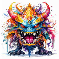 A colorful dragon with a menacing look on its face